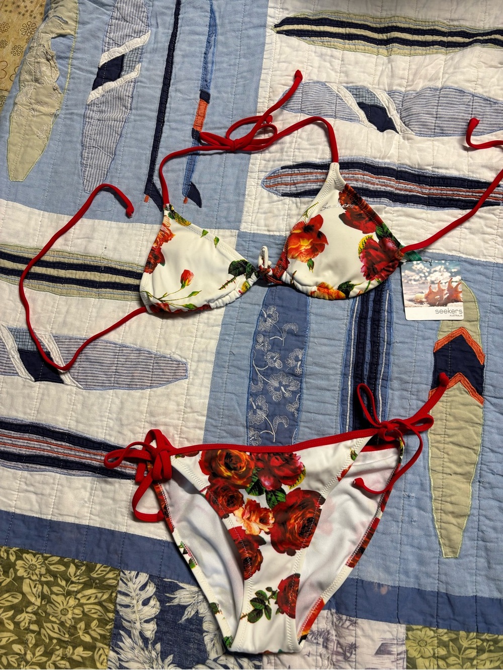 Seekers A83003 White Rose Tie-Side Bikini with Red Trim